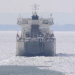 Freighter remains stuck in the ice on a frozen Lake Erie
