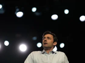 U.S. Sen. Jon Ossoff, D-Ga., speaks during a Rally for our Republic gathering, Saturday, March 22, 2025, in Atlanta.