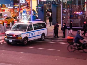 NEW YORK, NEW YORK - FEBRUARY 06: Police patrol in Times Square on February 06, 2024 in New York City. Seven migrants were arrested, including several Monday morning in an NYPD raid in the Bronx, which targeted a gang that was using scooters to snatch mobile phones, bags, and wallets from pedestrians. The arrests come after the release of a surveillance video that shows several migrant men kicking officers on a sidewalk and trying to pry them off a man police had taken to the ground. The recent incidents involving migrants, which now number over 150,000 in New York City, has increased tensions in New York which is struggling to house and pay for the recent arrivals. (Photo by Spencer Platt/Getty Images)