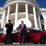 President Donald Trump and White House Senior Advisor, Tesla and SpaceX CEO Elon Musk deliver remarks next to a Tesla Model S on the South Lawn of the White House on March 11, 2025 in Washington, DC. Trump spoke out against calls for a boycott of Elon Musk’s companies and said he would purchase a Tesla vehicle in what he calls a ‘show of confidence and support’ for Elon Musk. (Photo by Andrew Harnik/Getty Images)