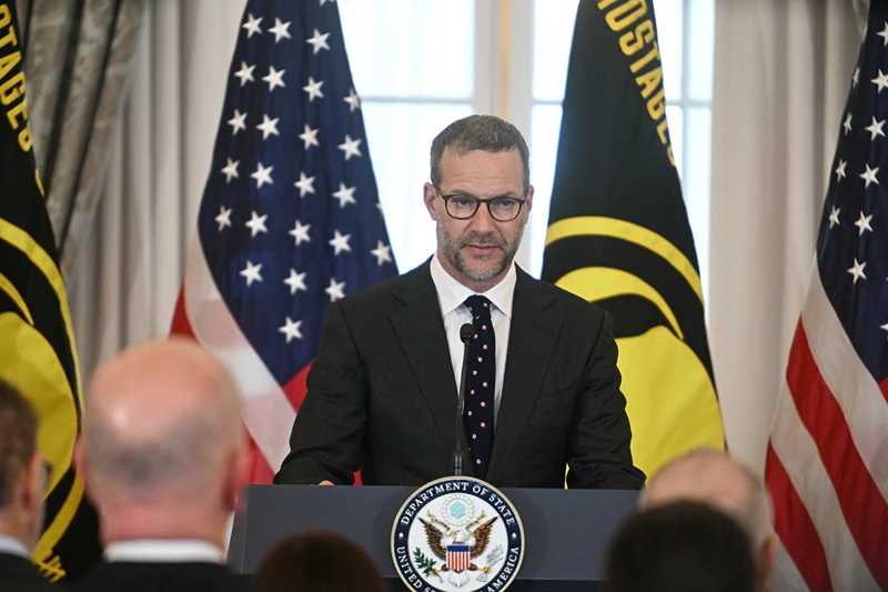 US Envoy for Hostages Adam Boehler speaks during a US hostage and wrongful detainee flag raising ceremony at the State Department in Washington, DC, on March 6, 2025. (Photo by Jim WATSON / AFP) (Photo by JIM WATSON/AFP via Getty Images)