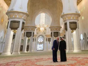 U.S. President Donald Trump tours the Sheikh Zayed Grand Mosque with Crown Prince Sheikh Khaled bin Mohamed Al Nahyan during a visit to Abu Dhabi, United Arab Emirates, May 15, 2025. REUTERS/Brian Snyder