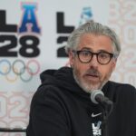 Casey Wasserman, LA28 chairperson and president, takes questions from the media during a news conference in Los Angeles
