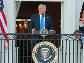 WASHINGTON, DC - JUNE 04: U.S. President Donald Trump speaks to guests from the South Portico of the White House during an event on the South Lawn on June 04, 2025 in Washington, DC. Trump held the “Summer Soirée” for guests, including staff, cabinet members, and supporters to visit the grounds and enjoy the recent onset of summer heat. (Photo by Anna Moneymaker/Getty Images)